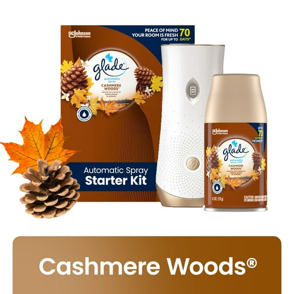Glade Automatic Spray Air Freshener Starter Kit, Mothers Day Gifts, 1 Holder + 1 Refill, Cashmere Woods, Infused with Essential Oils, 6.2 oz