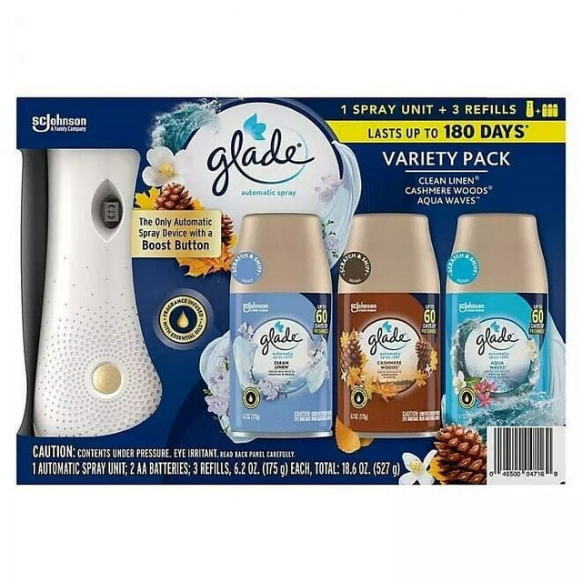 Glade Automatic Spray Kit Popular Edition Variety Pack (Cashmere Woods, Clean Linen and Aqua