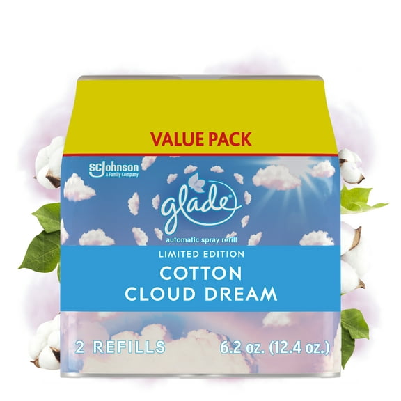 Glade Automatic Spray Refill, Automatic Air Freshener, Cotton Cloud Dream Scent, Infused with Essential Oils, Spring Limited Edition Fragrance, Positive Vibes Collection, 6.2 Oz, Pack of 2