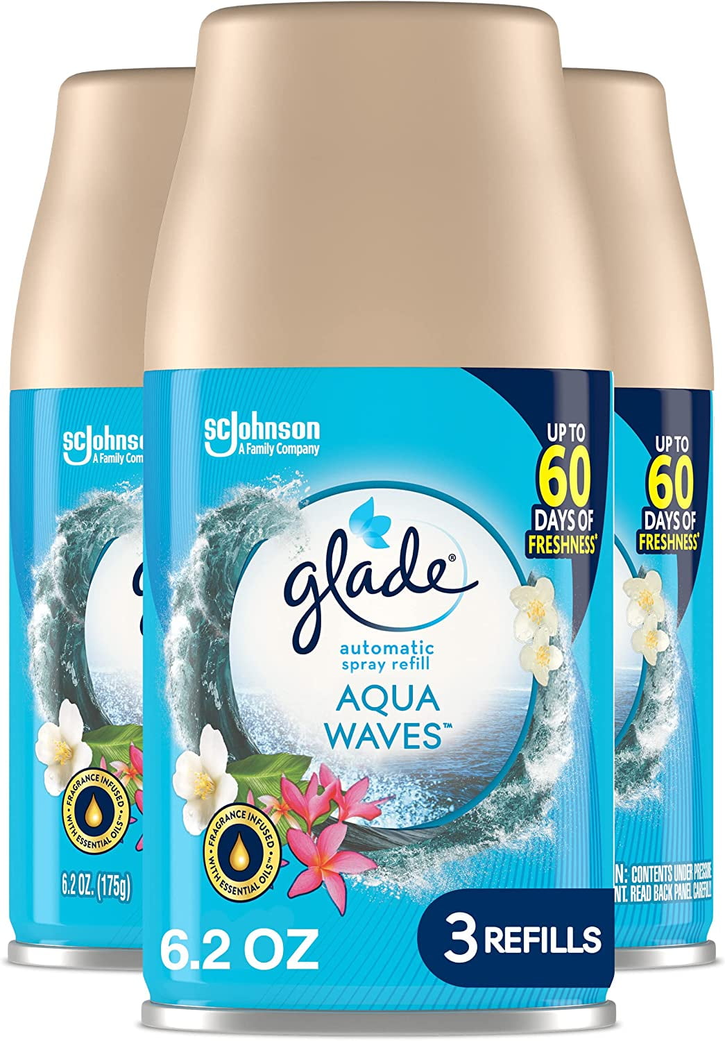 Glade Automatic Spray Refill, Air Freshener For Home And Bathroom, Aqua  Waves, 6.2 Oz, 3 Count