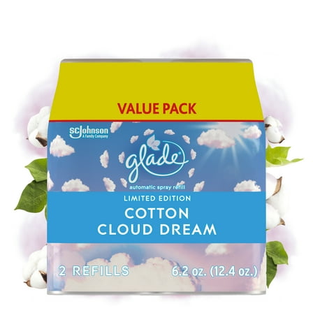 Glade Automatic Spray Refill, Automatic Air Freshener, Cotton Cloud Dream Scent, Infused with Essential Oils, Spring Limited Edition Fragrance, Positive Vibes Collection, 6.2 Oz, Pack of 2