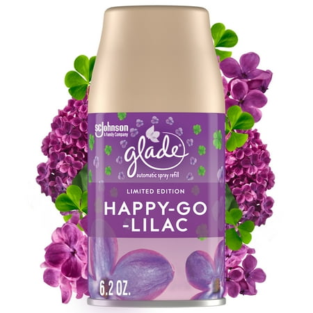 Glade Automatic Spray Refill, Automatic Air Freshener, Happy-Go-Lilac Scent, Infused with Essential Oils, Spring Limited Edition Fragrance, Positive Vibes Collection, 6.2 Oz