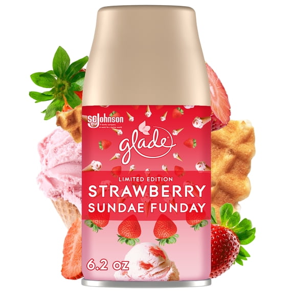Glade Automatic Spray Refill, Automatic Air Freshener, Strawberry Sundae Funday Scent, Infused with Essential Oils, Spring Limited Edition Fragrance, Positive Vibes Collection, 6.2 Oz
