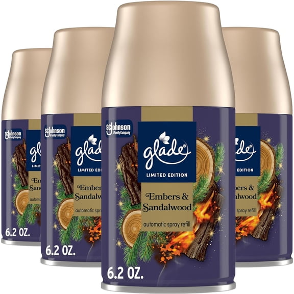 Glade Automatic Spray Refill, Embers & Sandalwood, 4 Pack, Scented Air Freshener for Home and Bathroom, 6.2 Oz