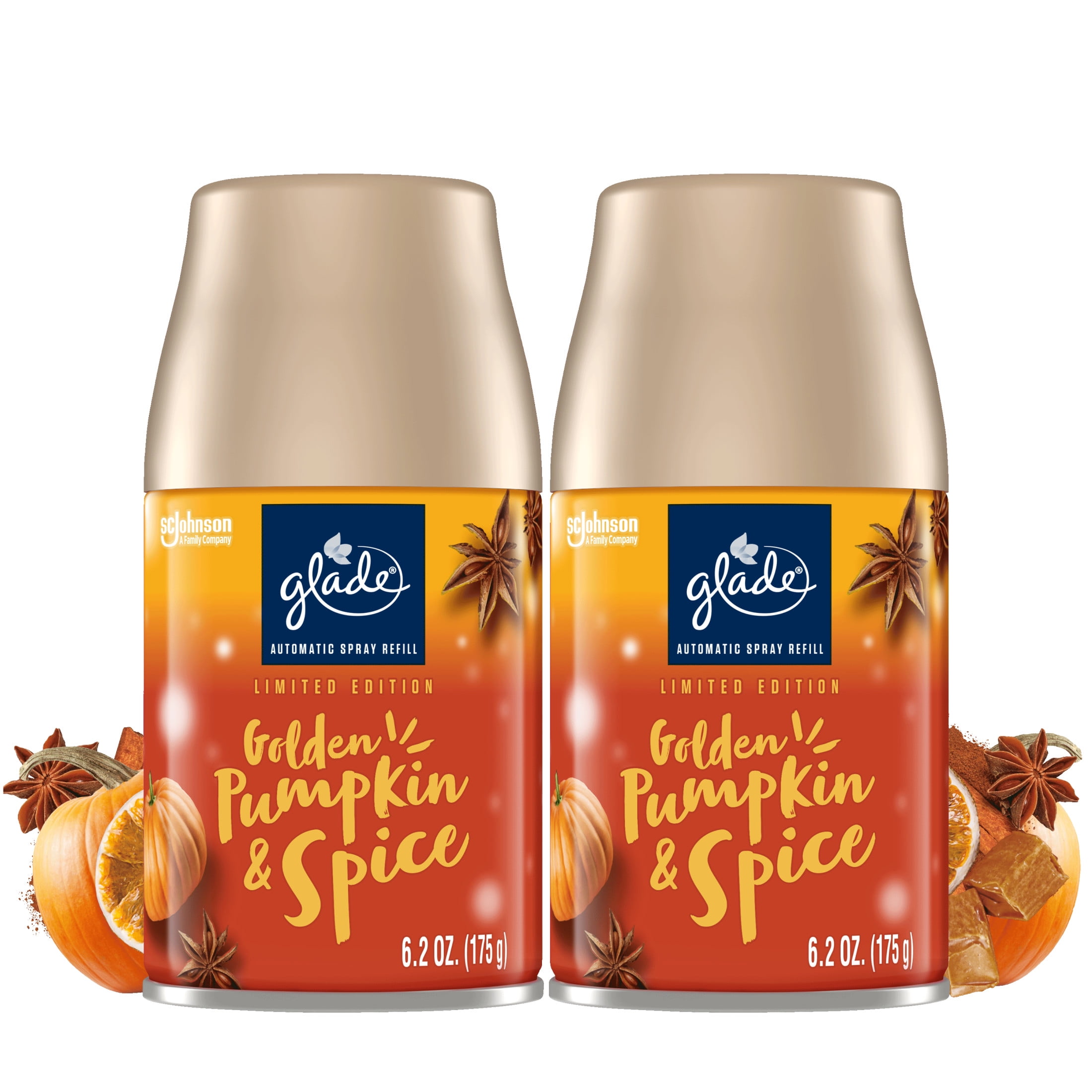 Glade Automatic Spray Refills, Air Freshener, Golden Pumpkin \u0026 Spice, Fragrance Infused with Essential Oils, 6.2 oz, 2 Count