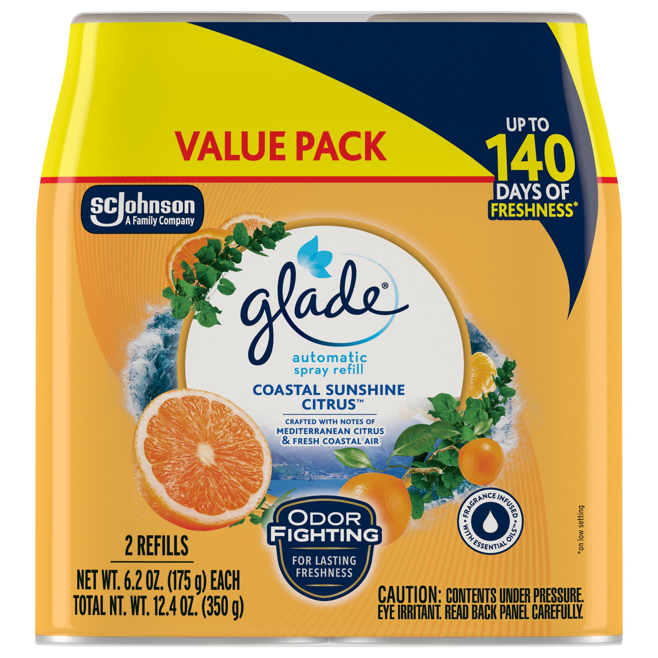 Glade Automatic Spray Refills, Air Freshener, Infused with Essential Oils, Coastal Sunshine Citrus, 6.2 oz, 2 Count