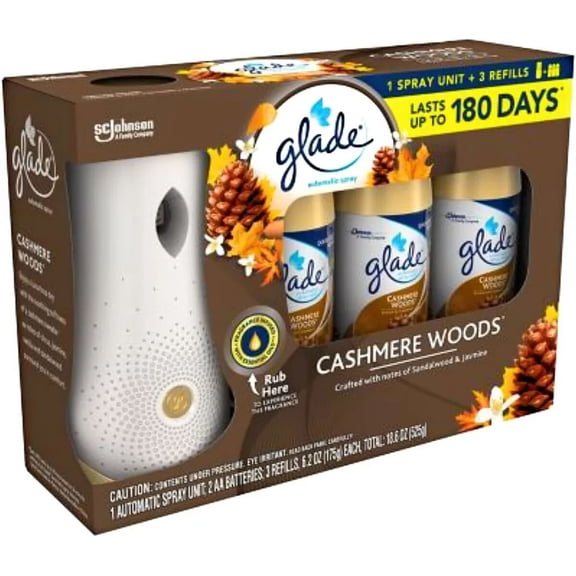 Glade Automatic Spray Unit + 3 Refills - Popular Kit - Limited Edition - Variety Pack (Cashmere Woods, Clean Linen and Aqua Waves)