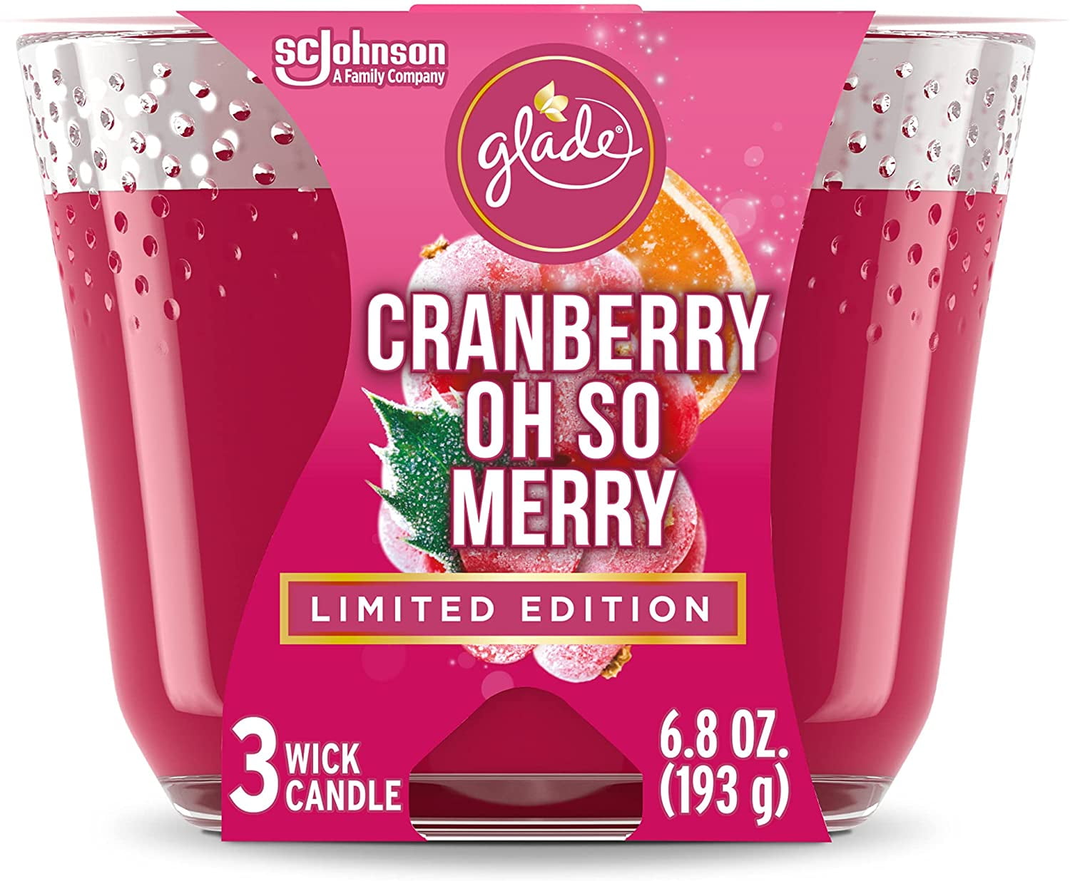Glade Candle, 3 Wick Scented Candle, Cranberry Oh So Merry, 6.8 oz