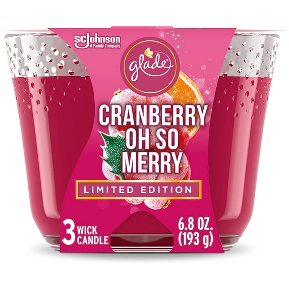 Glade Candle, 3 Wick Scented Candle, Cranberry Oh So Merry, 6.8 oz