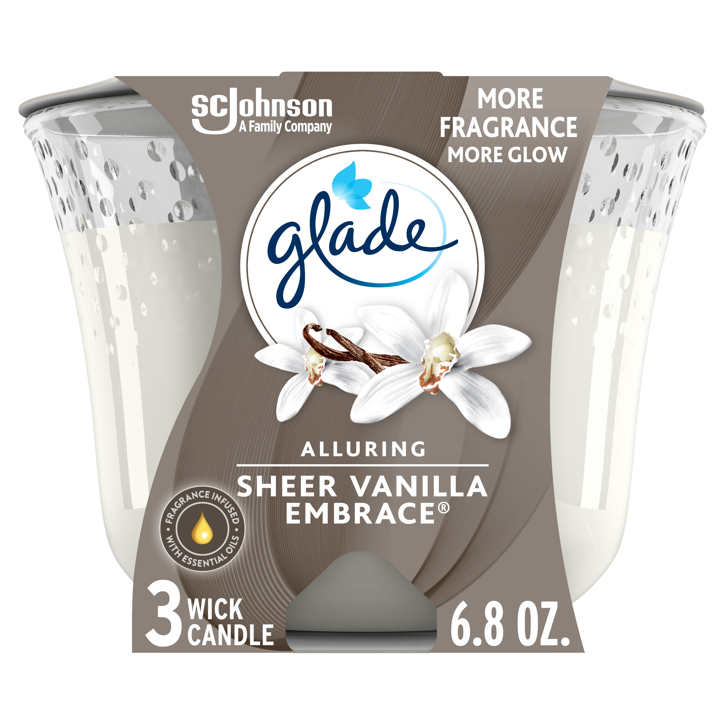 Glade Candle Alluring Sheer Vanilla Embrace Scent, 3-Wick, 6.8 oz (193 g), 1 Count, Fragrance Infused with Essential Oils, Notes of Vanilla Blossom, White Orchid, Sandalwood Scented Candles - image 1 of 12