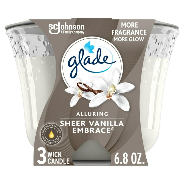 Glade Candle Alluring Sheer Vanilla Embrace Scent, 3-Wick, 6.8 oz (193 g), 1 Count, Fragrance Infused with Essential Oils, Notes of Vanilla Blossom, White Orchid, Sandalwood Scented Candles