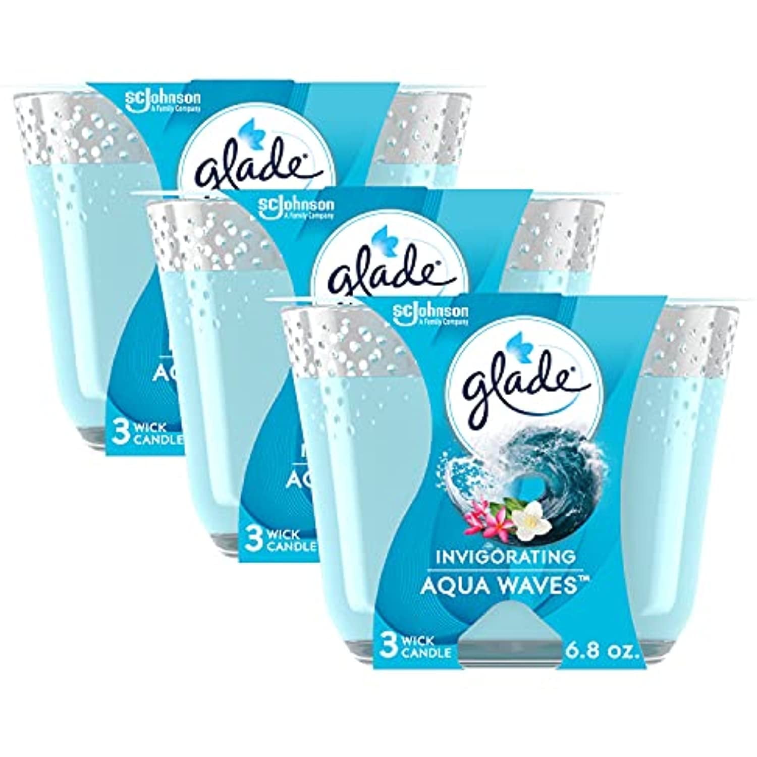 Glade Candle Aqua Waves, Fragrance Candle Infused With Essential Oils, Air Freshener Candle, 3-Wick Candle, 6.8 Oz, 3 Count