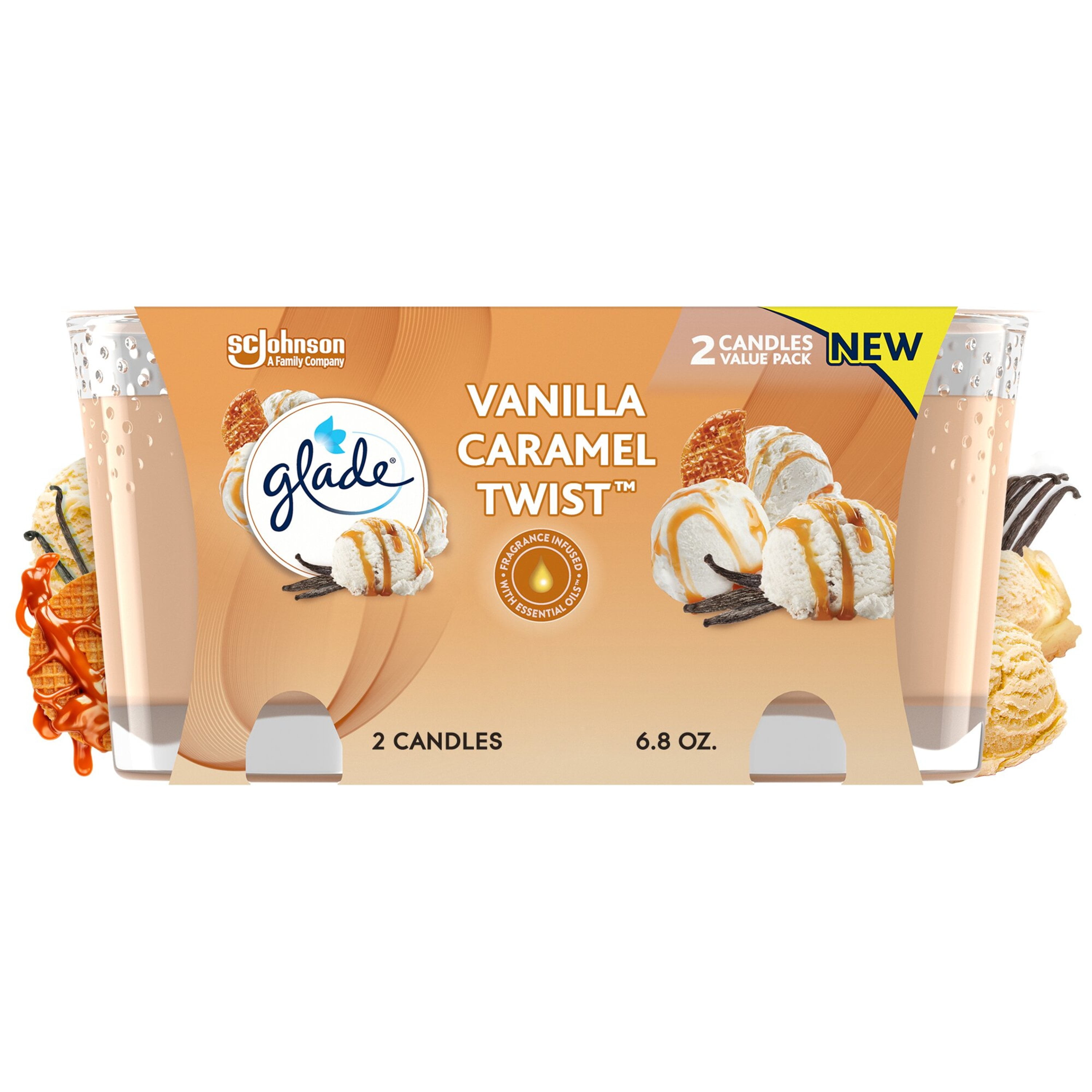 Glade Candle, Infused with Essential Oils, Vanilla Caramel Twist, 2 Count