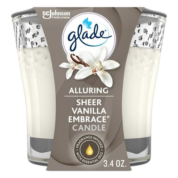 Glade Scented Candle Jar, Sheer Vanilla Embrace, Fragrance Infused with Essential Oils, 3.4 oz