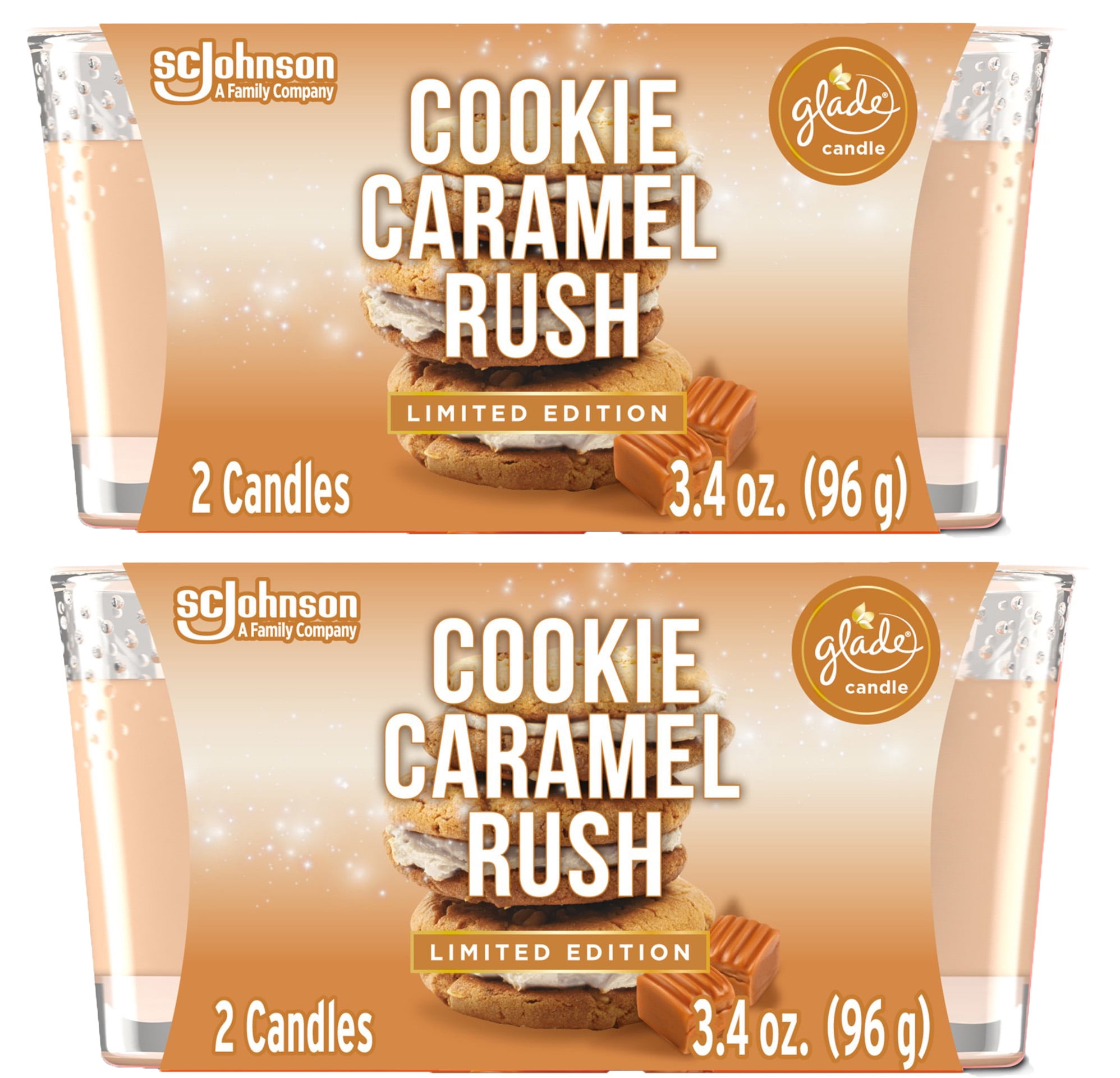 Glade Candle, Small Scented Candle Twin Pack, Cookie Caramel Rush, 3.4 Oz, 4 Candles Total