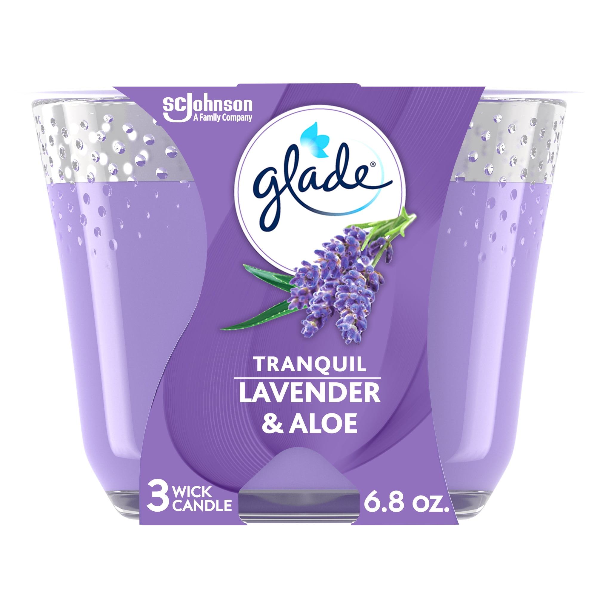 Glade Candle Tranquil Lavender & Aloe Scent, 3-Wick, 6.8 oz (193 g), 1 Count, Fragrance Infused with Essential Oils, Notes of French Lavender, Aloe, Violet Petals, Lead-Free Wick Scented Candles