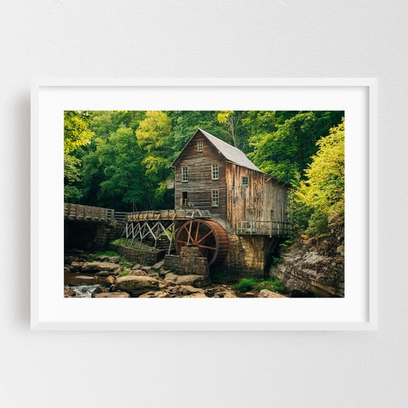 Glade Creek Grist Mill, Babcock State Park 02 - Clifftop West Virginia Photography Rustic Rural Architecture Farmhouse Nature Scenic Vintage White Framed Wall Art Print 5 x 7 inches