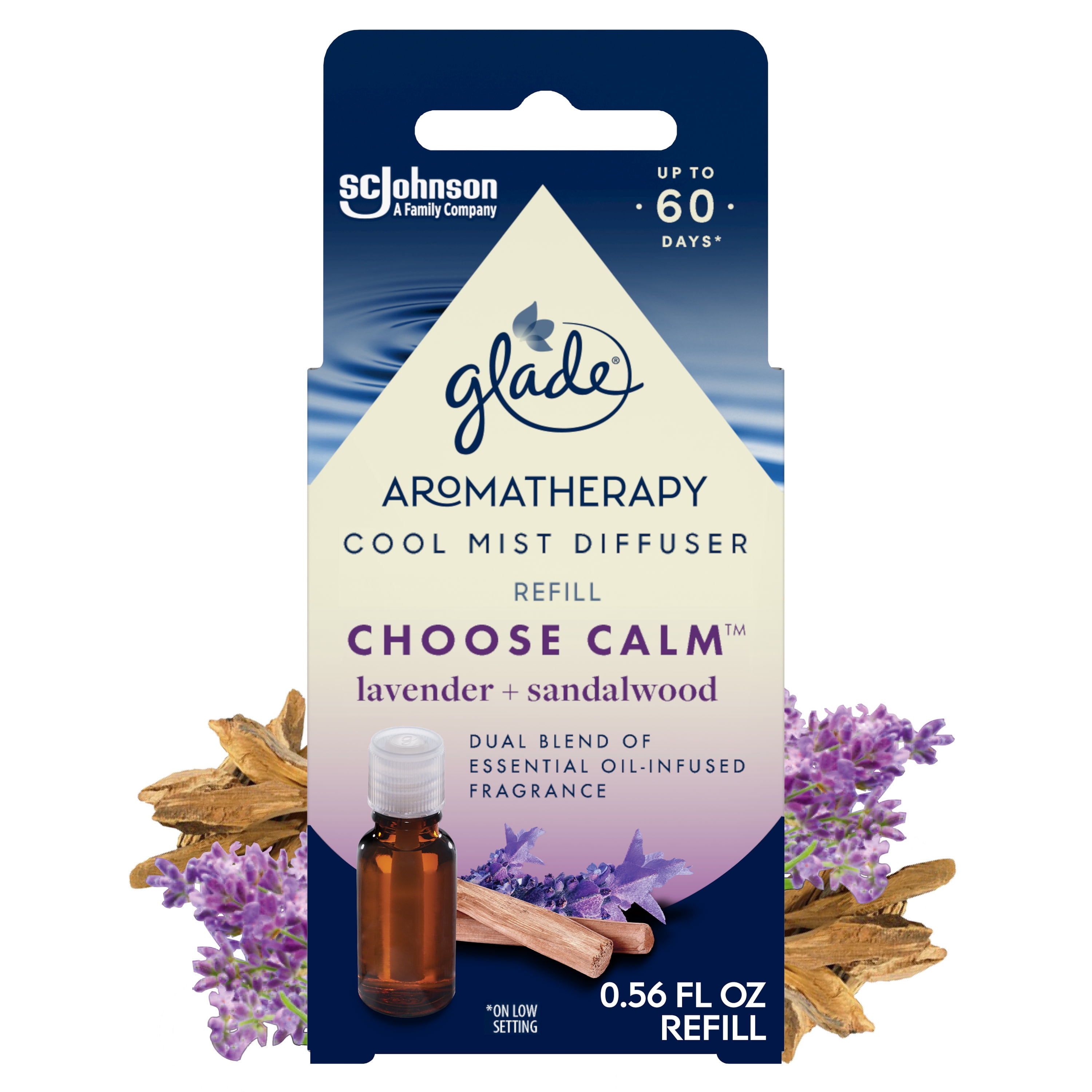 Glade Essential Oil Diffuser Refill, Choose Calm Scentwith Notes of Lavender \u0026 Sandalwood, 0.56 oz (16.8 ml), for Use with Cool MistAromatherapy Diffuser \u0026 Air Freshener for Home
