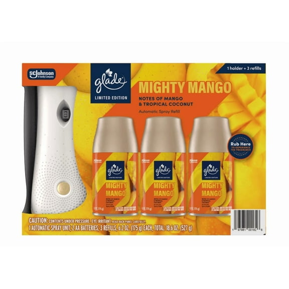Glade Limited Edition Automatic Spray with Holder & 3 Refills, Mighty Mango, 6.2 oz, 4 Count, 4 Pack