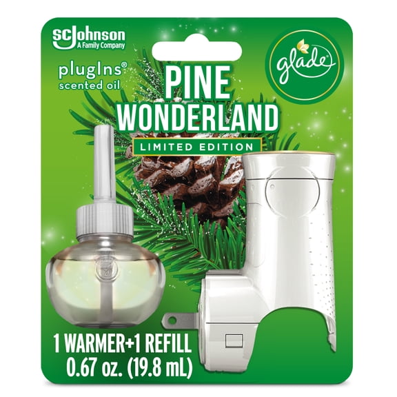Glade PlugIns 1 Warmer + 1 CT Refill Starter Kit, Pine Wonderland, 0.67 FL. OZ. Total, Scented Oil Air Freshener Infused with Essential Oils