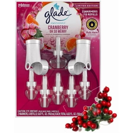 Glade Plugins Warmer 2 and Warmers Refills 6 Cranberry Oh So Merry Limited Edition Scented Oil