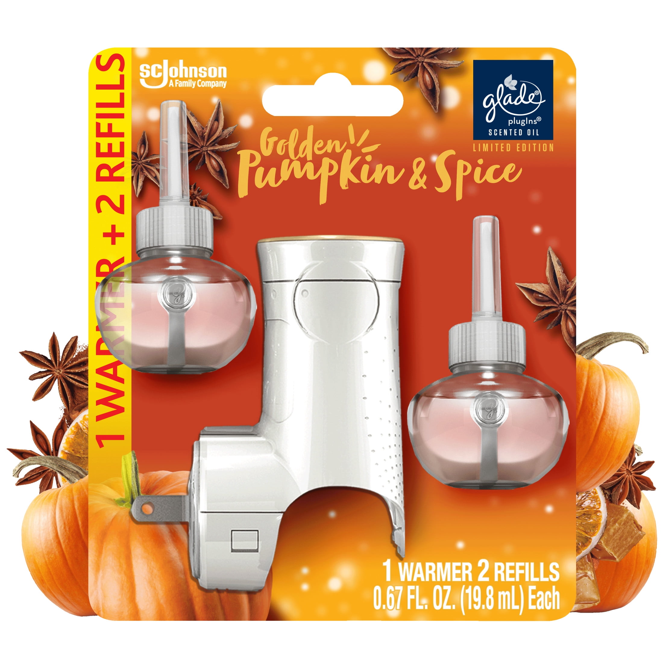 Glade PlugIns Air Freshener Kit, 1 Warmer + 2 Refills, Golden Pumpkin & Spice, Fragrance Infused with Essential Oils, 0.67 oz