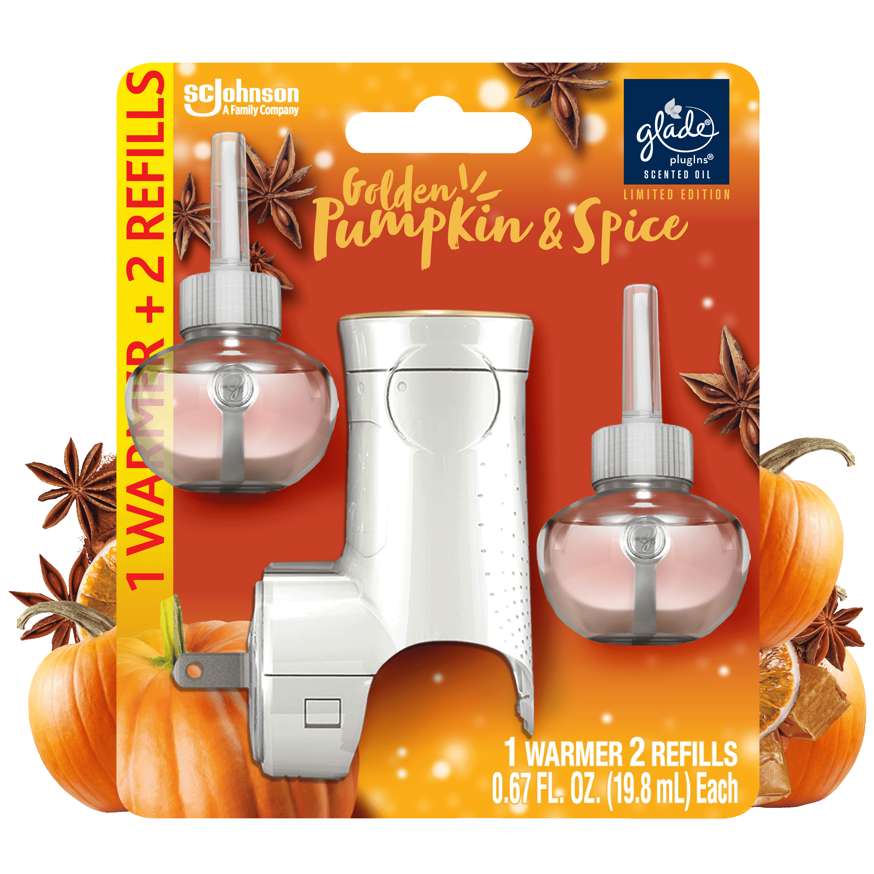 Glade PlugIns Air Freshener Kit, 1 Warmer + 2 Refills, Golden Pumpkin