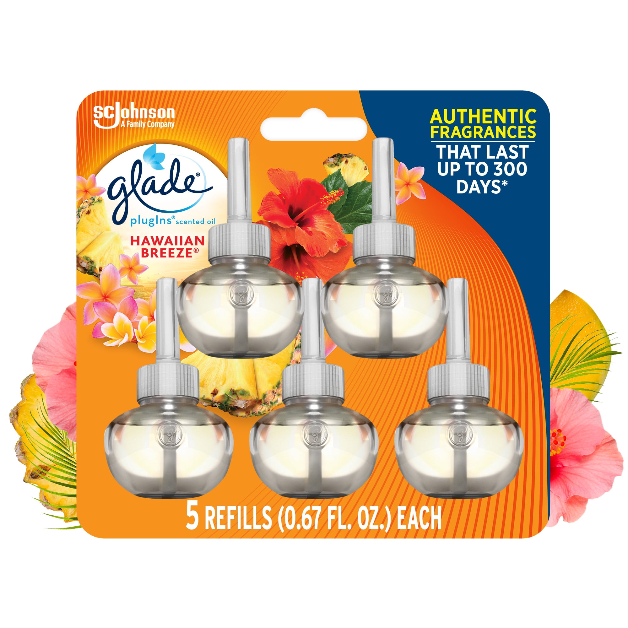 Glade PlugIns Scented Oil 5 Refills, Air Freshener, Hawaiian Breeze, Essential, Essential Oil Infused Wall Plug In, 3.35 FL oz, Pack of 5