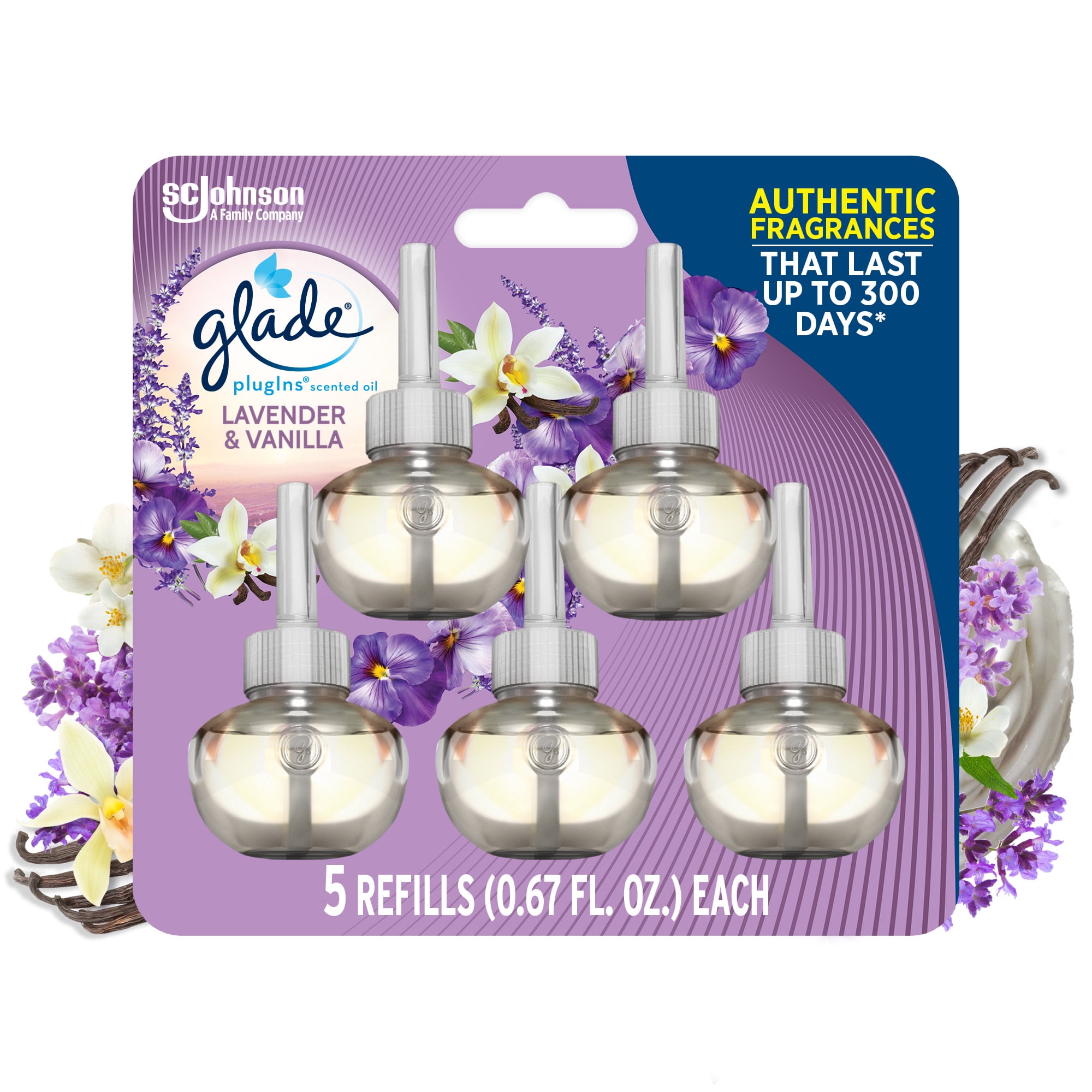 Glade PlugIns Scented Oil 5 Refills, Air Freshener, Lavender & Vanilla Fragrance, Essential Oil Infused Wall Plug In, 3.35 FL oz, Pack of 5