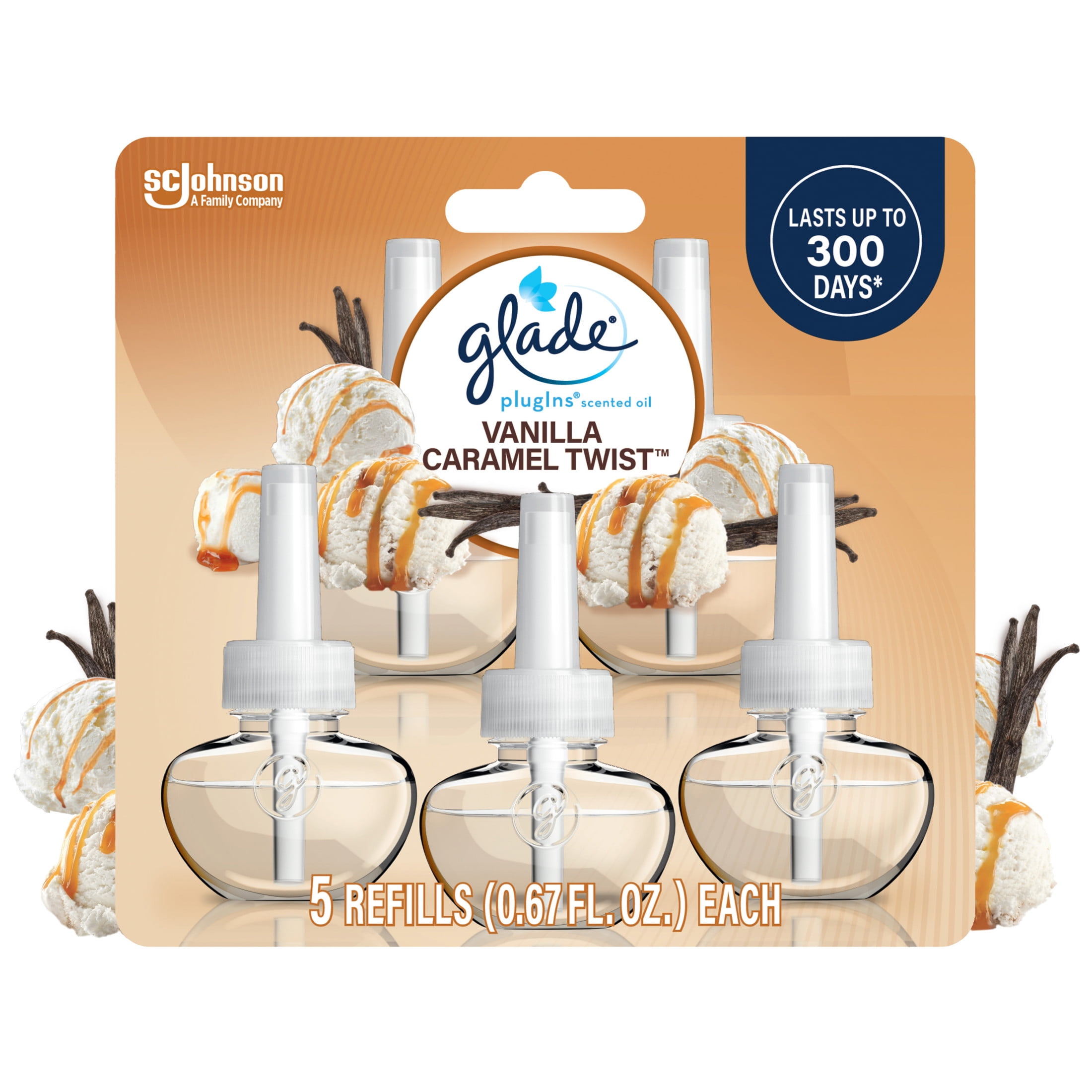 Glade PlugIns Air Freshener Refills,Mothers Day Gifts,Vanilla Caramel Twist, Infused with Essential Oils, 0.67 oz, 5 Count