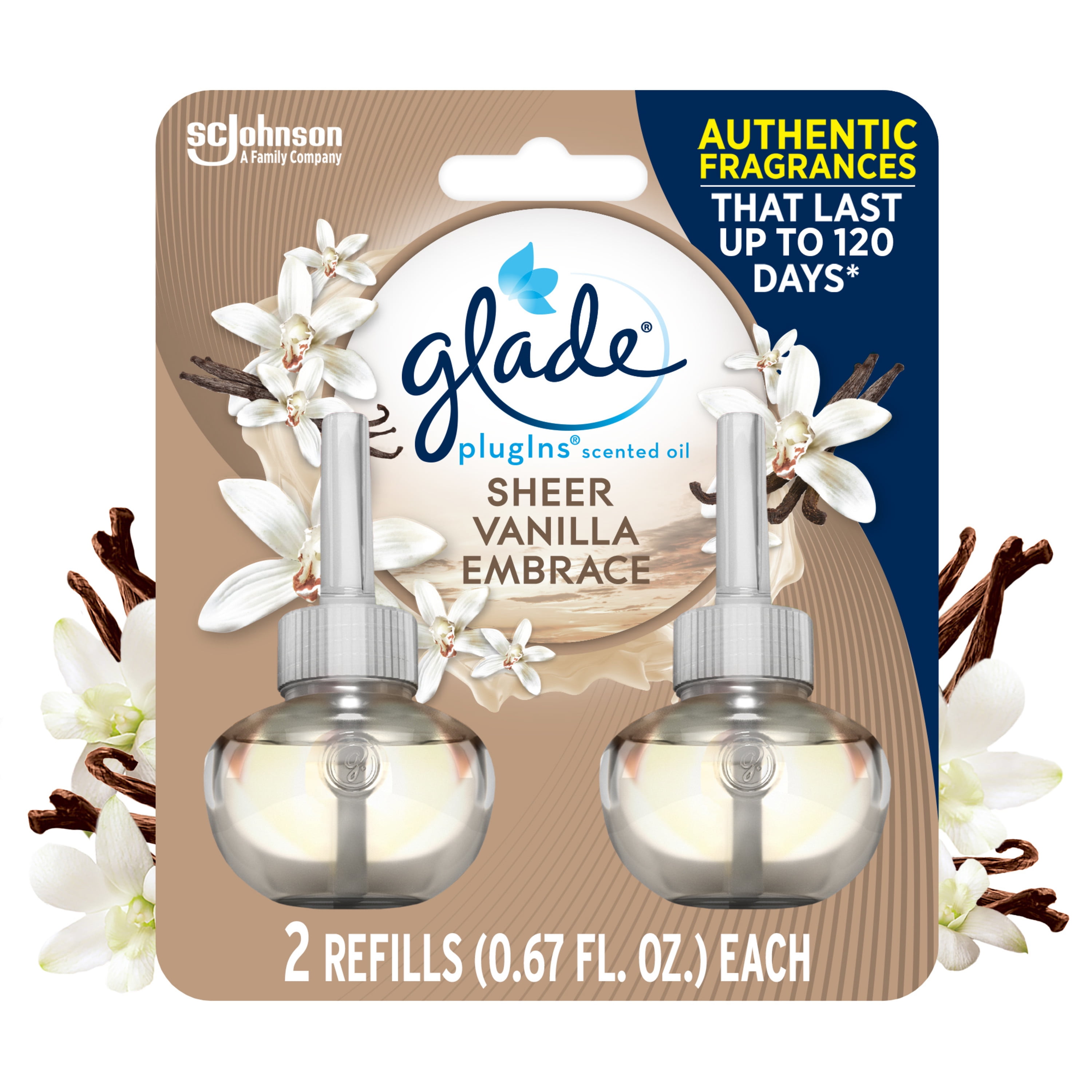 Glade PlugIns Scented Oil, Sheer Vanilla Embrace, Infused with Essential Oils, 0.67 oz, 2 Count