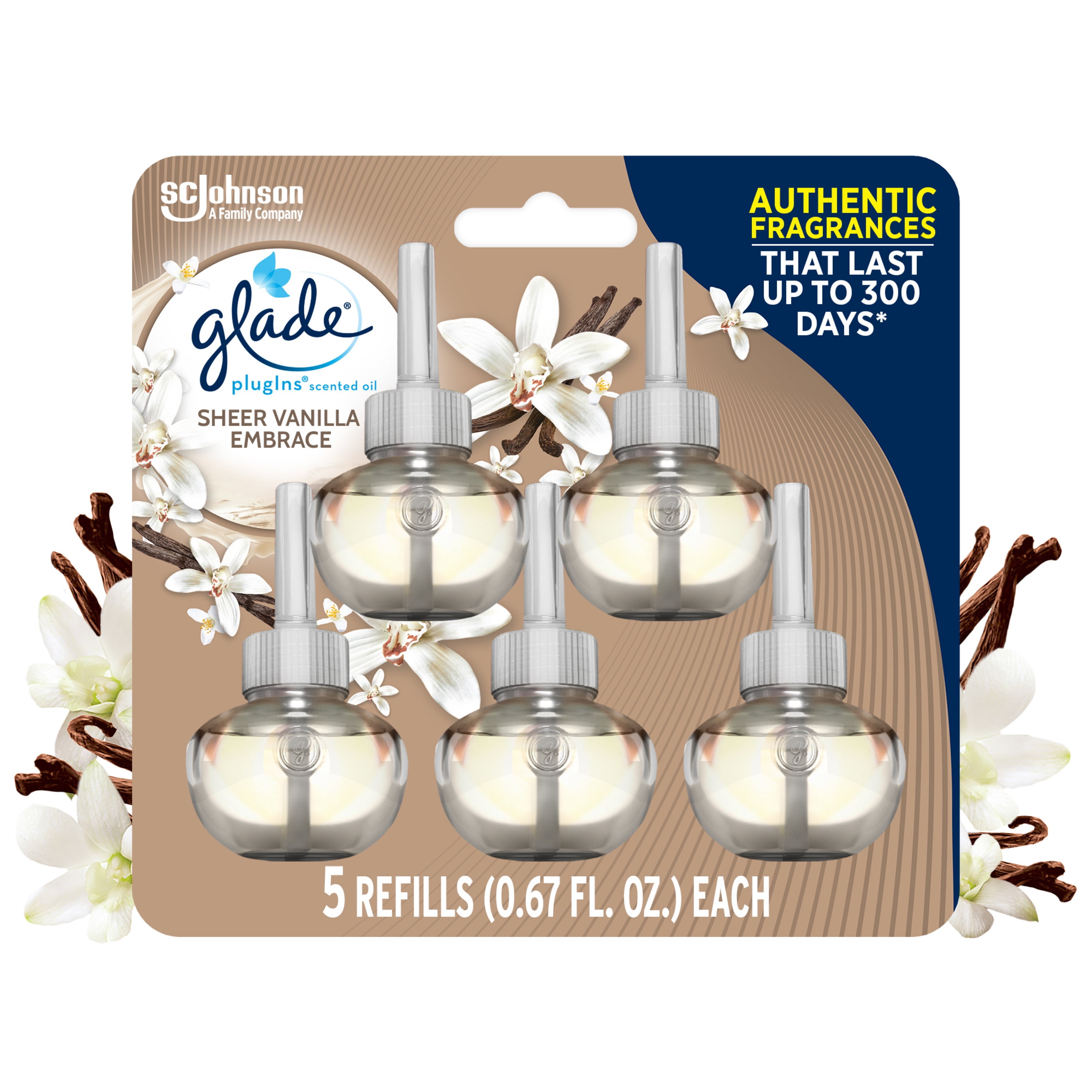 Glade PlugIns Scented Oil, Stocking Stuffers, Sheer Vanilla Embrace, Infused with Essential Oils, 0.67 oz, 5 Count