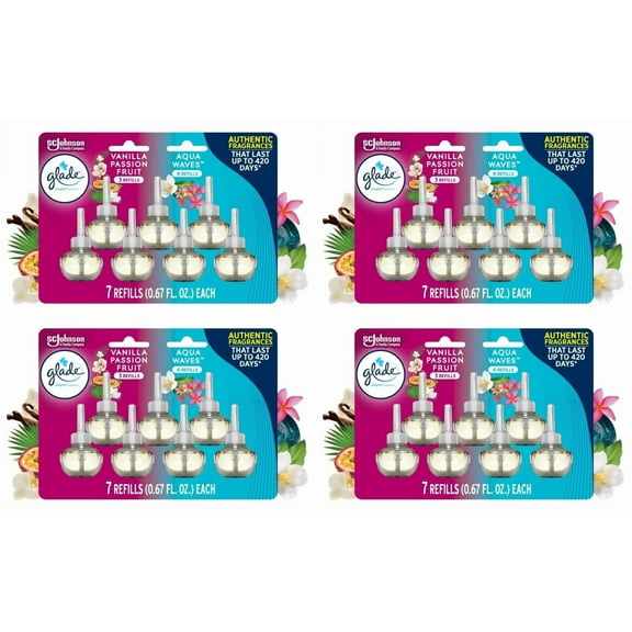 Glade PlugIns Air Freshener Refills, Vanilla Passion Fruit & Aqua Waves, Infused with Essential Oils, 0.67 oz, 28 Count