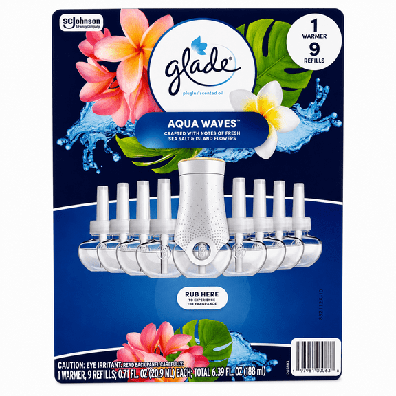 Glade PlugIns Aqua Waves Scented Oil Air Freshener, 9 Refills + 1 Warmer