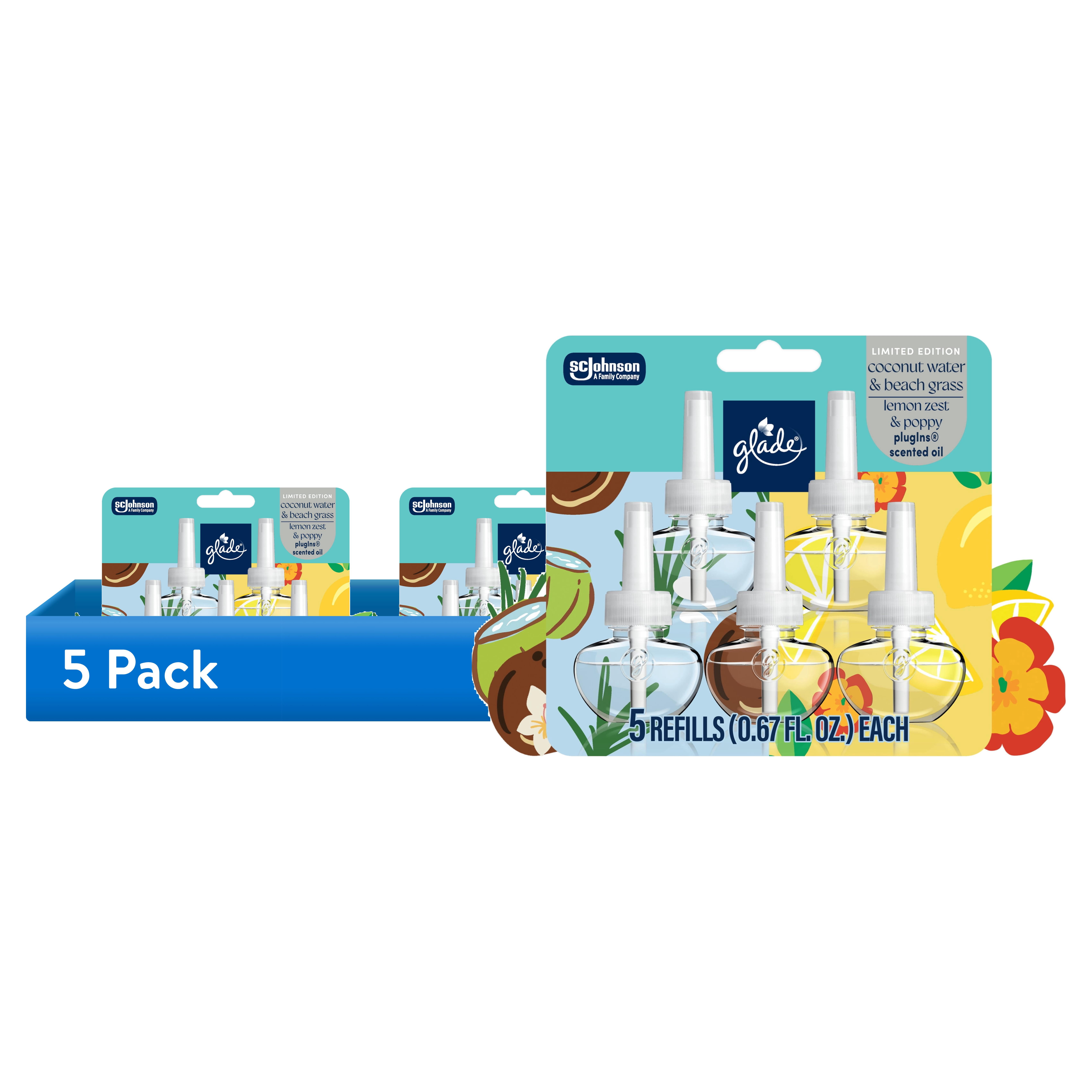 (5 pack) Glade® PlugIns®,Coconut Water & Beach Grass and Lemon Zest & Poppy Scented Oils, 3.35 oz, 5 Count