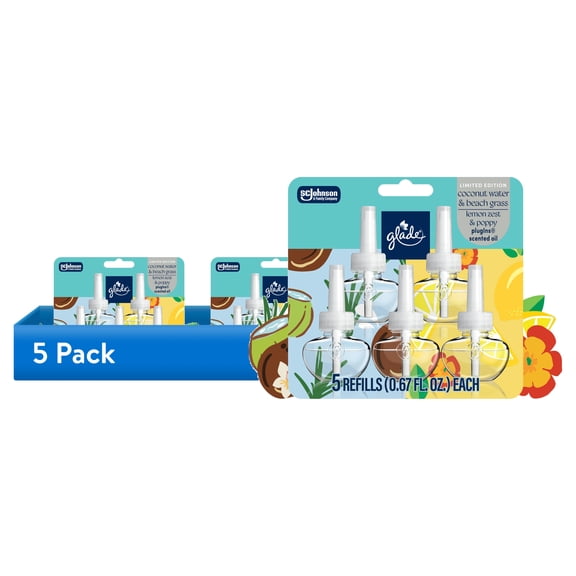 (5 pack) Glade® PlugIns®,Coconut Water & Beach Grass and Lemon Zest & Poppy Scented Oils, 3.35 oz, 5 Count