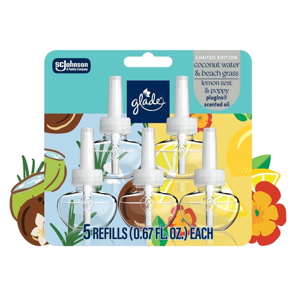 Glade PlugIns,Coconut Water & Beach Grass and Lemon Zest & Poppy Scented Oils, 3.35 oz, 5 Count