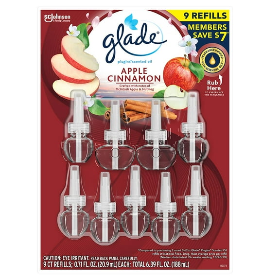 Glade PlugIns Scented Oil Refill, Essential Oil Infused Wall Plug in, 6.39 fl. oz, 9 ct. Apple Cinnamon