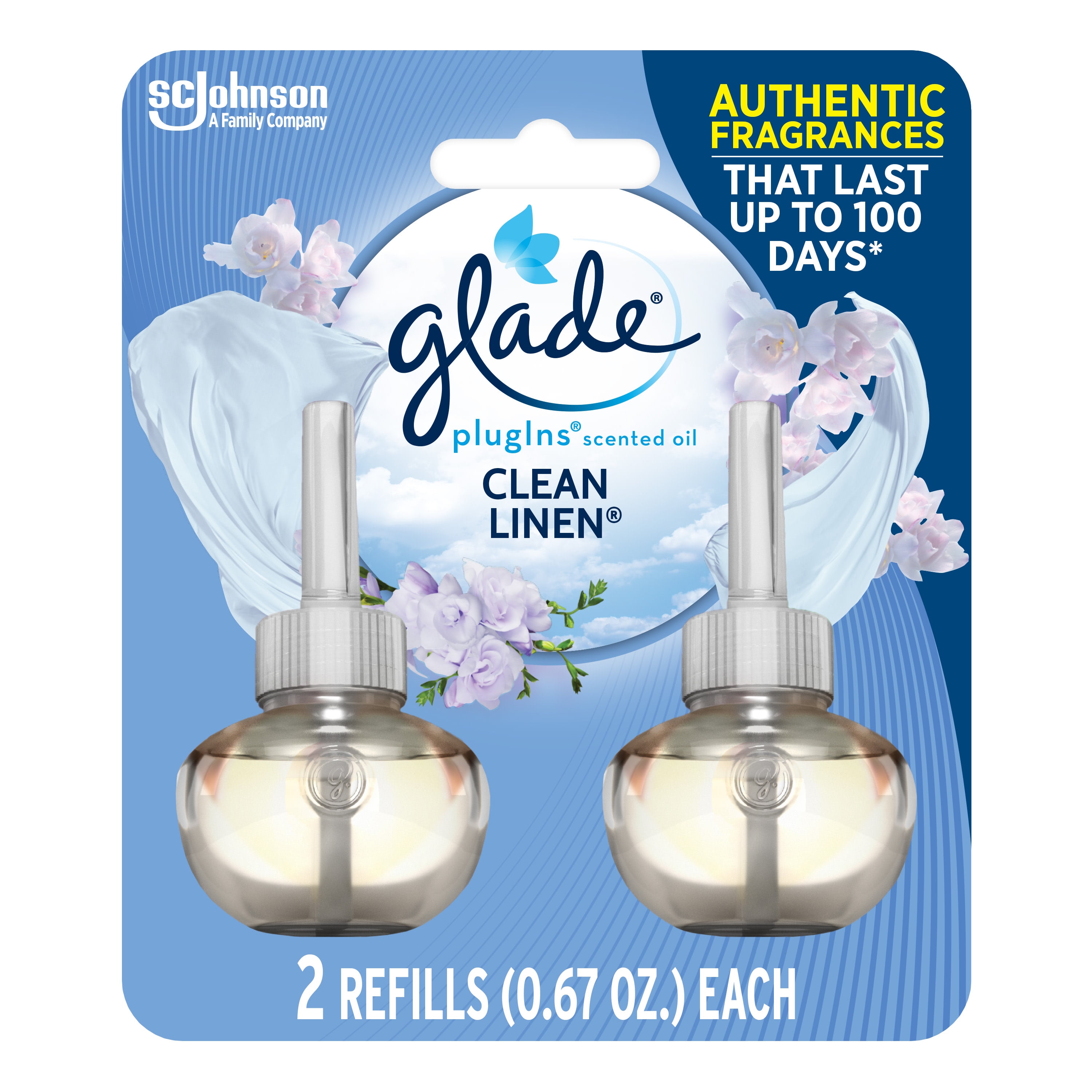 Glade PlugIns Refill 2 CT, Clean Linen, 1.34 FL. OZ. Total, Scented Oil Air Freshener Infused