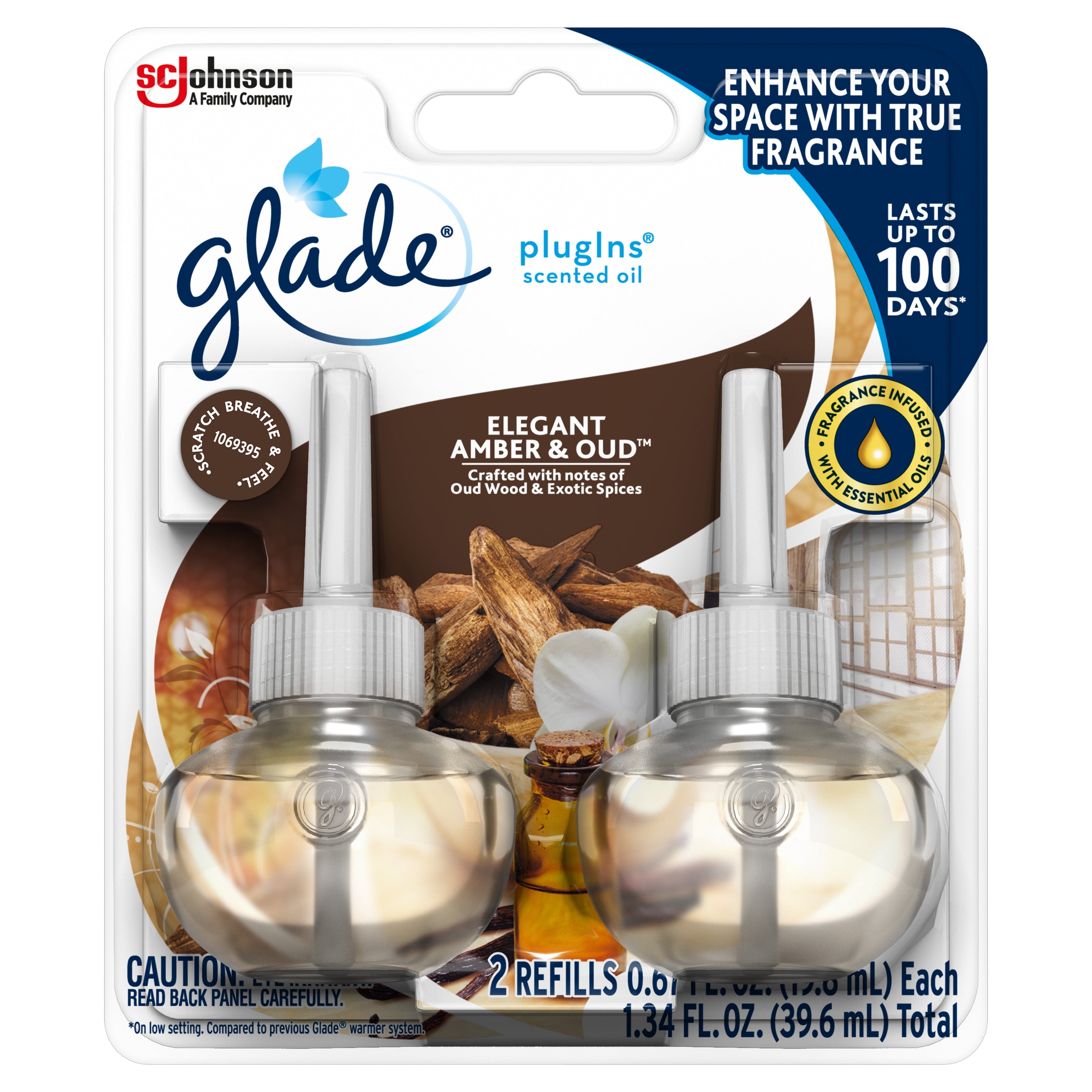 Glade PlugIns Refill 2 CT, Elegant Amber & Oud, 1.34 FL. OZ. Total, Scented Oil Air Freshener