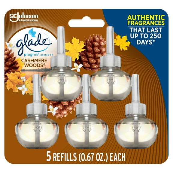 Glade PlugIns Refill 5 CT, Cashmere Woods, 3.35 FL. OZ. Total, Scented Oil Air Freshener Infused with Essential Oils - 2 Pack