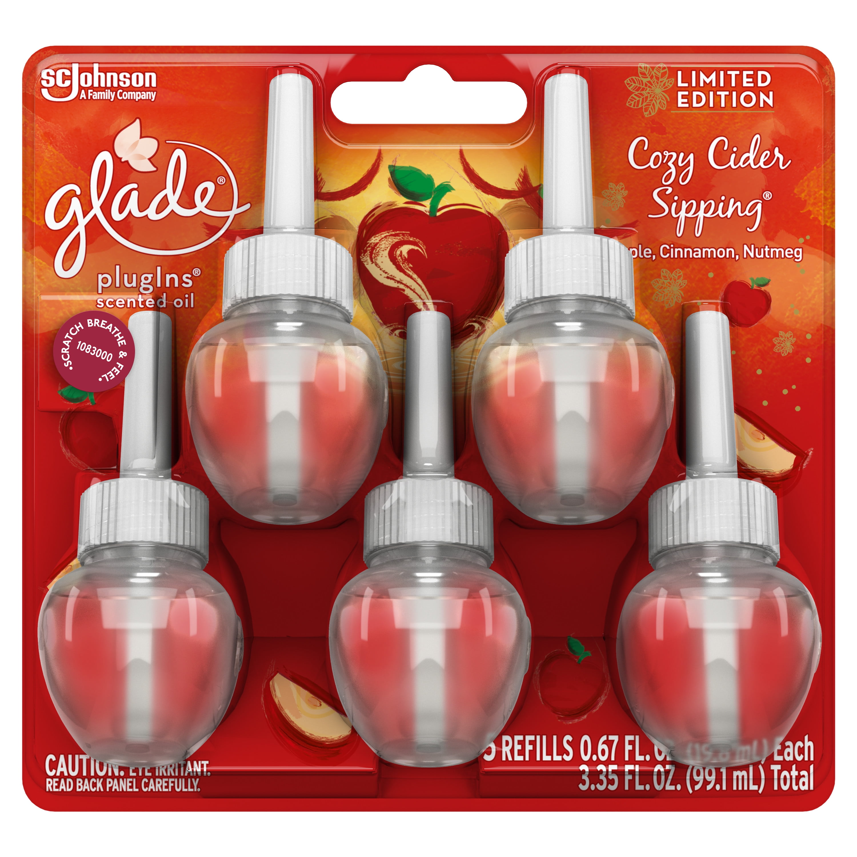 Glade PlugIns Refill 5 CT, Cozy Cider Sipping, 3.35 FL. OZ. Total, Scented Oil Air Freshener