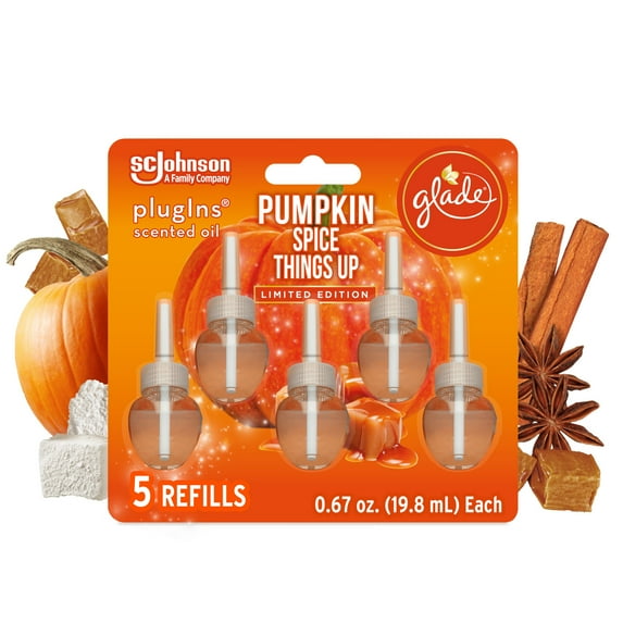 Glade PlugIns Refill 5 CT, Pumpkin Spice Things Up, 3.35 FL. OZ. Total, Scented Oil Air Freshener Infused with Essential Oils