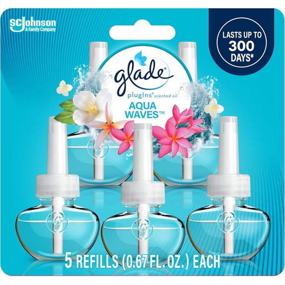 Glade PlugIns Refills Air Freshener, Scented and Essential Oils for Home and Bathroom, Aqua Waves, 3.35 Fl Oz, 5 Count