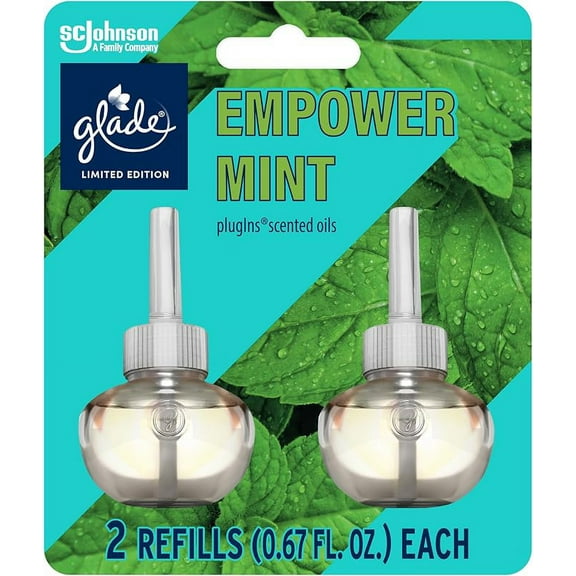 Glade PlugIns Refills Air Freshener, Scented and Essential Oils for Home and Bathroom, Empower Mint, 1.34 Fl Oz, 2 Count