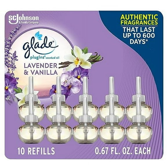 Glade PlugIns Refills Air Freshener, Scented and Essential Oils for Home and Bathroom, Lavender & Vanilla, 6.7 Fl Oz, 10 Count (Packaging May Vary)
