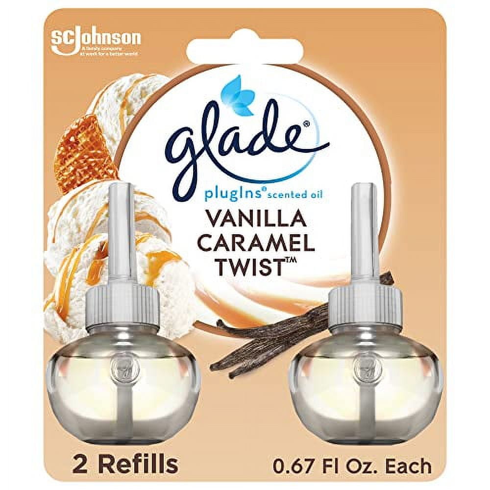 Glade PlugIns Refills Air Freshener, Scented and Essential Oils for Home and Bathroom, Vanilla Caramel Twist, 1.34 Fl Oz, 2 Count