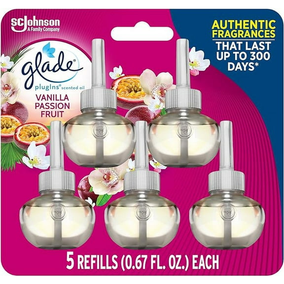 Glade PlugIns Refills Air Freshener, Scented and Essential Oils for Home and Bathroom, Vanilla Passion Fruit, 3.35 Fl Oz, 5 Count
