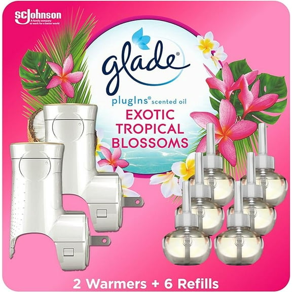 Glade PlugIns Refills Air Freshener Starter Kit, Scented and Essential Oils for Home and Bathroom, Tropical Blossoms, 4.02 Fl Oz, 2 Warmers + 6 Refills