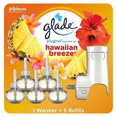 Glade PlugIns Refills Air Freshener Starter Kit, Scented Oil for Home and Bathroom, Hawaiian Breeze 3.35 Fl Oz, 1 Warmer + 5 Refills